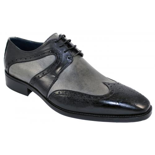 Duca Di Matiste 1702 Black / Grey Genuine Italian Calfskin Leather Shoes With Toe Perforation.